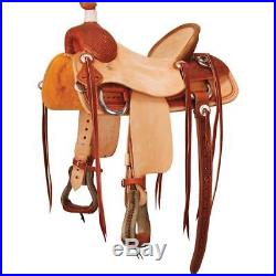 Western Tan & Natural Leather Hand Tooled Roping Ranch Saddle with Strings 17