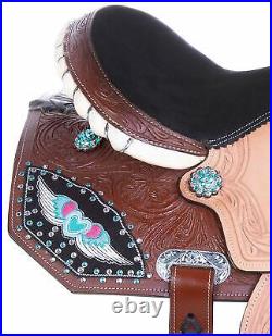 Wings Barrel Racing Saddle Western Turquoise Pink Heart Crystal Leather 10 -18