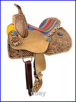 Youth Barrel Western Saddle with Serape & Chetah Accents Full QH Bars 12 NEW