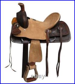 Youth Hard Seat Roper Style Saddle Rough Out & Floral & Feather Tooling 10 NEW